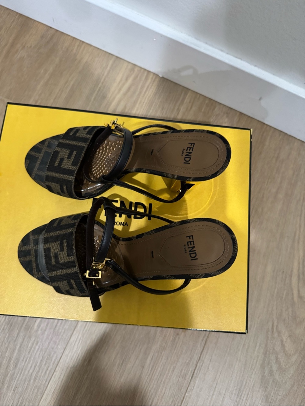 Fendi Brown FF Logo Strappy Sandals with Gold Buckle